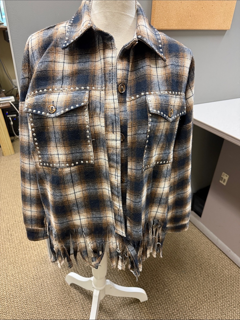 ee:some Studded Plaid Fringe Shacket Jacket Western Festival XL